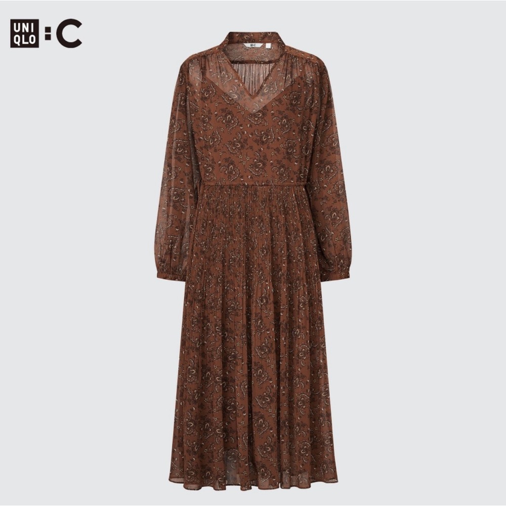 Printed Chiffon Pleated Sleeve Long Dress